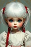 Placeholder: photorealistic impasto impressionist digital oil painting of a vintage styled cartoonish high Brats doll, white hair, plastic red coat, ethereal