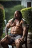 Placeholder: half figure shot photography of a burly heavyset gipsy shirtless man, 35 years old in bulging shorts, tattoo, manly chest, short dreadlocks , sweat, wet, relaxing on a chair, in a private elegant garden of a villa, raining nighttime, big shoulders, big tights, ambient occlusion, photorealistic, frontal view from the ground, dim light from little bulbs