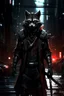 Placeholder: a cyberpunk racoon wizard standing in a city street, black armour, with red highlights, grey cyberpunk city background