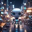 Placeholder: unreal engine render of a cute tiny robô in a busy, micro parts chromed, crowded city at night, cute eyes, volumetric lighting