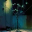 Placeholder: Minimal abstract oil painting of a plants in concrete warehouse brutalist architecture and hanging wires illuminated at night. With triadic colours. In the style of Justin Mortimer and Phil Hale, Ashley Wood