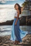 Placeholder: young lady wearing beautiful maxi blue skirt and elegant shirt standing in beach posing to camera ,upper body shot,ships in sea ,blue sky nice clouds in background