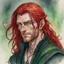 Placeholder: dnd, fantasy, watercolour, large strokes, stylistic, portrait, illustration, dull colours, male, face, narrow long face, weathered face, green eyes, determined, smiling, red hair, very long hair streaming down the shoulders, lush hair, radiating light, five o'clock shadow, elegant