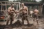 Placeholder: portrait shot photography of two ugly 43 year old beefy big robust burly italian carpenter two men fight with fists in the mud, dirty and wet, wearing bulging shorts, shirtless, hairy chest, serious, very virile, short beard, shaved hair,, , in a sunny construction work area, photorealistic , photorealistic