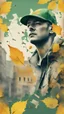 Placeholder: background old, cracks, yellow, torn canvas, gouache, double exposure, man, baseball cap, 40 years old, fine drawing, blots, newspaper scraps, leaves, green, autumn, city, branches, rowan berries, 8K, double exposure