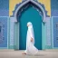 Placeholder: woman in flowing, white burka walking in front of a mosque with blue, green, gold mosaic walls, profile, wide-angle lens, panoramic, high-quality, fine-detail, intricate, ornate, volumetric lighting, 8k resolution, haunting, powerful, photo-realistic, 3d render, photo-quality, high-quality