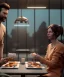 Placeholder: man and woman sitting in cafeteria and having breakfast levitating, soft color, highly detailed, unreal engine 5, ray tracing, RTX, lumen lighting, ultra detail, volumetric lighting, 3d, finely drawn, high definition, high resolution.