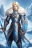 Placeholder: 1 anime man. warrior, with blue eyes and blonde hair man in silver Viking armor with fur around the neck with blue crystal on his chest, standing in water in the artic, holding a ice sword and shield, warrior in, anime style