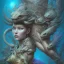 Placeholder: sango fantasy, fantasy magic, intricate, sharp focus, illustration, highly detailed, digital painting, concept art, matte, artgerm and paul lewin and kehinde wiley, masterpiece sexy lips African lady crab body mermaid tiger head turquoise space lady beach sea under water mermaid seaweed