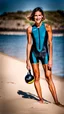 Placeholder: beautiful anorexic woman, standing frontal, full body shot, short shiny triathlon swimsuit, wavy bob haircut, photographed on the beach, raw