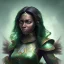 Placeholder: fantasy setting, dark-skinned woman, indian, green and black wavy hair, magician