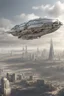 Placeholder: a photorealistic sleek silver spaceship flying over a futuristic ruined city