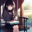 Placeholder: anime girl sitting on a porch swing, drinking a cup of coffee, writing in a book