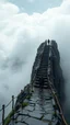 Placeholder: narrow stone path above the ground gradually getting higher into the clouds no railings, dangerous drop people in black leathers medievil period weather is wet spiraling into the clouds fantastic