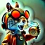 Placeholder: Squirrel toddler, smile, steampunk headphone, sunglass, gangsta neckless, full body, orange puffer jacket, tokio background, dramatic lighting, hyper realistic, unreal engine 5, 16k