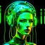 Placeholder: Organic Alice, cyborg Ai Queen with neuralink headgear, on an inter dimensional catwalk, perfect human face, clear acrylic plastic film, full body shot, catwalk fashion show, iridescent, surreal, Salvador Dali meets pixels, Brav0 is the name, dj style, neon green, music conncted headphones