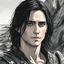 Placeholder: A portrait of Jared Leto in his early 30s, long beachy haircut, black hair, on a rocky island, in ebony armor from Skyrim, melancholic and dangerous facial expression, half-smiling, drawn in the style of ink manga sketch