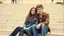 Placeholder: retro old photo of a young couple in 70s style clothes sitting on the lower steps of the Danube embankment in Budapest at Fővám Square, the photo is old, stained and scratched in some places, one corner of the photo is missing, the girl's and the boy's faces are blurry and not clearly visible, behind them are stairs