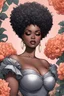 Placeholder: Create an comic image of a curvy black female wearing a grey off the shoulder blouse and she is looking down with Prominent makeup. Highly detailed tightly curly black afro. Background of large peach and grey flowers surrounding her