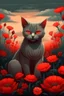 Placeholder: an illustration of a beautiful cat with a field with red flowers cloudy in dark aesthetic