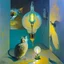 Placeholder: Abstract painting formed by a mix of human flesh-like surgical instruments and universe-like neuralink, a cat looking at a pigeon inside a huge bulb between light and shadow at dusk,surrealism,minimalism,Painting By Adrian Ghenie, Rene Magritte, Salvador Dali, Lucian Freud