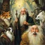 Placeholder: [art by Norman Rockwell: three Middle-earth Istaris are Jonathan Pryce, Sylvester McCoy and Jean Rochefort] Radagast, with his unkempt hair and a menagerie of animals, shared a hearty chuckle with Saruman, the wise and cunning Istari. And there, in the midst of it all, stood Gandalf, a twinkle in his eyes as he joined in the mirth.Their laughter echoed through the night, a rare moment of camaraderie amidst the chaos of their journeys.