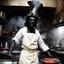 Placeholder: A visceral, wide-angle 35mm film still of "Kitchen's Hell." The scene depicts 'The Demon of Nazareth,' a menacing figure with cracked, charcoal-black skin, small curling horns, and eyes glowing like embers, wearing a filthy, tattered white chef's apron and a stained chef hat, towering centrally behind a massive, industrial stove spewing intense blue and orange flames and acrid black smoke. He holds a large, raised meat cleaver in one clawed hand and a ladle filled with bubbling, iridescent green