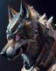 Placeholder: 3D Portrait of a cyborg wolf in natural colours wearing futuristic face armor in realistic fantasy full body