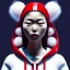 Placeholder: Japanese woman, rounded face, bubble gum, circle, white, red, hoodie, feathers, retro, latex, leather, soft color, highly detailed, art stations, concept art, smooth, unreal engine 5, god rays, ray tracing, RTX, lumen lighting, ultra detail, volumetric lighting, 3d, finely drawn, high definition, high resolution, neon background.