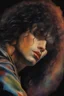 Placeholder: oil painting, text "KISS" - facial portrait with makeup - 20-year-old Paul Stanley with long, wavy curly black 1980's style big hair, wearing a black leather jacket, extremely colorful, multicolored watercolor stained wall in the background - in the art style of Boris Vallejo, Frank Frazetta, Julie bell, Caravaggio, Rembrandt, Michelangelo, Picasso, Gilbert Stuart, Gerald Brom, Thomas Kinkade, Neal Adams - explosions, flames, fog, clouds, dust,