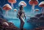 Placeholder: woman in a spacesuit, on the shores of an alien world, with mushrooms, with jellyfish tentacles floating in the air, photorealistic, Detailed Matte Painting, Deep Colour, Fantastical, Intricate Detail, sunshine, blue sky