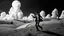 Placeholder: Black and white, primary colors, 3d abstract landscape, photograph of a mad gentleman dancing, immersive-inspired art deco, inside and out landscape, Rene Magritte inspiration.