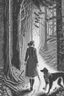 Placeholder: in the style of a Henry Justice Ford drawing, a woman walks through a forest, she is followed by a dog