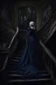 Placeholder: The Countess is a ghost, she has a long, flowing dark blue dress. she goes down the stairs, Hanging in the castle room, there is a tapestry composed of the preserved faces of the Countess' ancient victims.