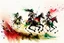 Placeholder: Hun Arrow Crossers riding fast on horseback, scorched earth, thunderstorm, red, white, green, dinamic, watercolor splash