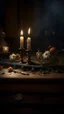 Placeholder: Bosch nightmares paining style Title:a a candle on an old wooden cracked table , dark color flowers 8k artistic photography, photorealistic concept art, soft natural volumetric cinematic perfect light, chiaroscuro, award-winning photograph, masterpiece, oil on canvas, Raphael, Caravaggio, Greg Rutkowski, people, beksinski, Giger