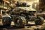 Placeholder: A car that's a mix between a scorpion and a tank, robotic, ready for battle, worn-out, with large rims and tires, fully mechanical, on a street in post-apocalyptic cities.