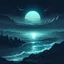 Placeholder: land meets the sea. nighttime, the sea shows a faint glow in the distance, sci fi art style