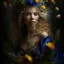 Placeholder: captivating conceptual portrait featuring a Swedish woman with cascading, ethereal hair and an enchanting aura. Her flowing gown is adorned with a diverse array of wildflowers, including Fireweed, Linden flower, Meadow sweet, Cornflower, St. John's wort, Stinging nettle, and Peppermint plant. Her delicate hand tenderly touches a mystical blackbird