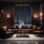 Placeholder: Hyper Realistic Dark Brown Living Room With Small Empty Wooden Frame & Fancy Velvet Furniture & Christmas Decoration at snowfall night from window view