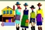 Placeholder: whimsical arafed nonsense, patchwork vibe, acrylic and ink painting of a cozy village main street on undulating hills with color (((minimal))) sketches of village people with (((extremely long limbs))), (((oversize head))), sharp color contrasts, amazing shadows, (((exaggerated limbs and head))), minimal cozy, warm palette, bright bold warm summer colors, color leak, sparse bright orange-red splinters, heavily distorted views, amazing parallels, amazing reflections