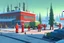 Placeholder: Santa Claus is visiting a factory and give them presents, cartoon style Simon Stålenhag