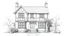 Placeholder: A front elevation fine-line pencil drawing of an old, dilapidated Tudor fantasy cottage.