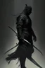 Placeholder: Background is dark grey, almost black. There is a head and torso silhouette looming in the picture, completely masked by a black kevlar suit with two tachi swords sheathed behind the figure.