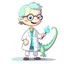 Placeholder: Cartoon illustration for children: Cute female dinosaurus in a white doctor's coat, holding a pincer