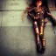 Placeholder: Rusty female steam punk cyborg laying in the streets sad and lonely, crying,suit is falling apart, anime character,neon lights,Tim Burton