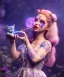 Placeholder: Ultra realistic wonderland photo, happy blonde woman smoking a shisha, blue dress, purple-cat friend, circus dress style, old school tattoo, smoke, marijuana garden, glow eyes, perfect iris, soft color, highly detailed, unreal engine 5, cinematic, ultra detail, volumetric lighting, high definition.