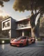 Placeholder: Modern apartment on the outskirts of a metropolitan city, with 2 supercars in the garage, with a beautiful background of the city, there are several trees next to it, it has a very strong impression, 3d rendering