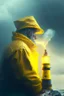 Placeholder: close up on old seafarer smoking pipe, sitting in yellow raincoat on rocks beneath a blurred unreal bright white lighthouse, storm clouds, volumetric fog, lightening, volumetric light,depth of field, fantasy art, 4k, highly detailed, evening