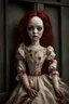 Placeholder: A hauntingly beautiful porcelain doll with small storms for eyes. Her skin is pale and cracked like porcelain. Her hair is red like wine with fire coming out. Her lips are sewn together except for one corner that is ripped and bleeding.